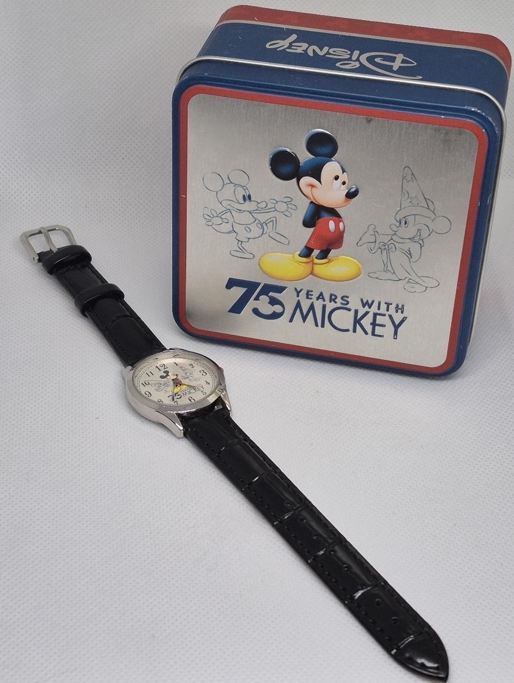 DISNEY Mickey Mouse 75th Anniversary Watch Black Leather Strap NEW BATTERY